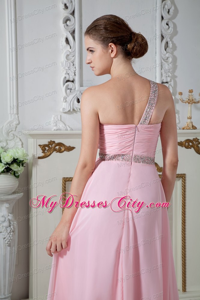 Cheap Baby Pink One Shoulder Evening Formal Gowns with Ruches