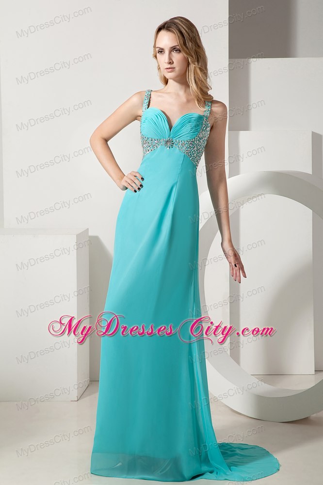 Turquoise Straps Chiffon 2013 Maxi Evening Dresses with Beading