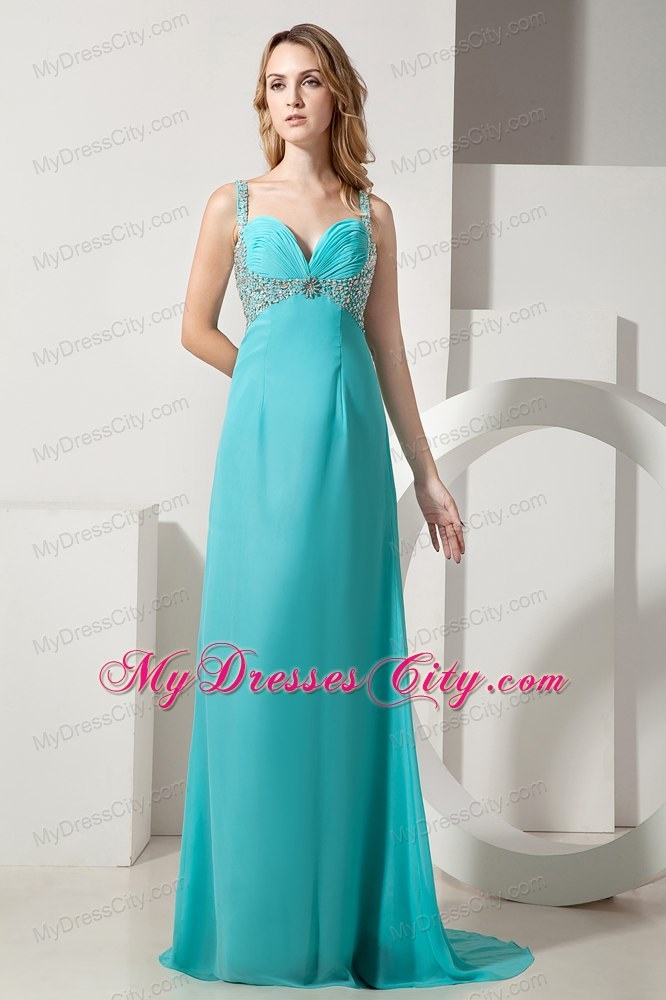 Turquoise Straps Chiffon 2013 Maxi Evening Dresses with Beading