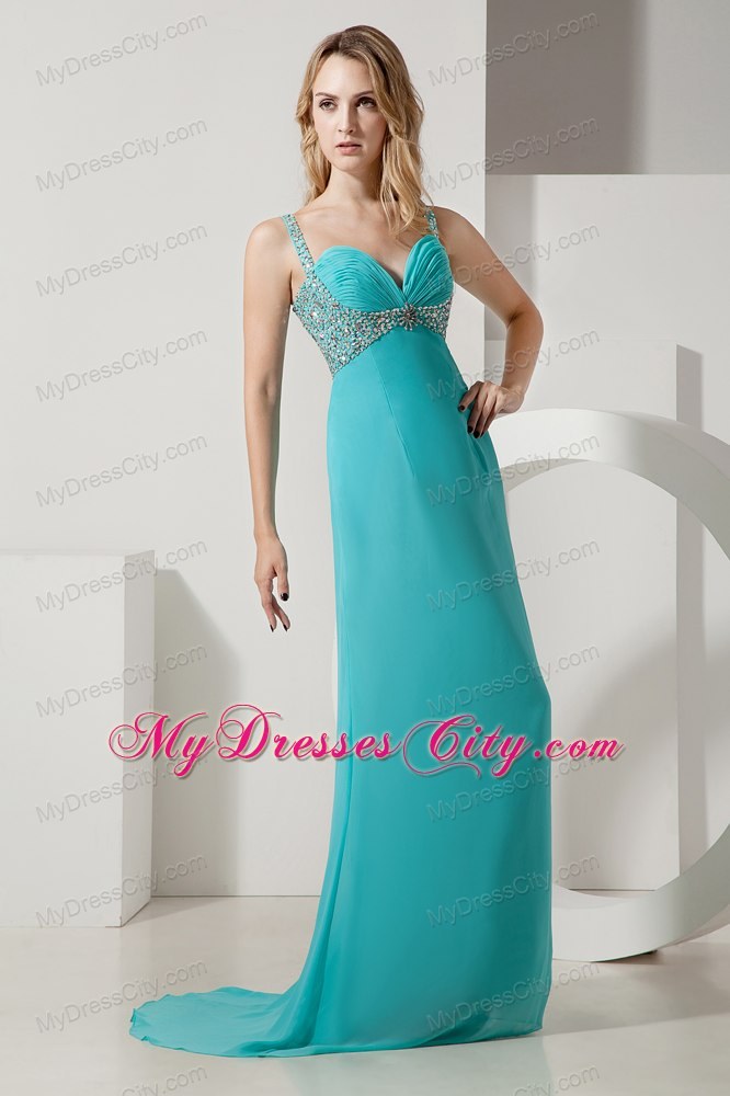 Turquoise Straps Chiffon 2013 Maxi Evening Dresses with Beading