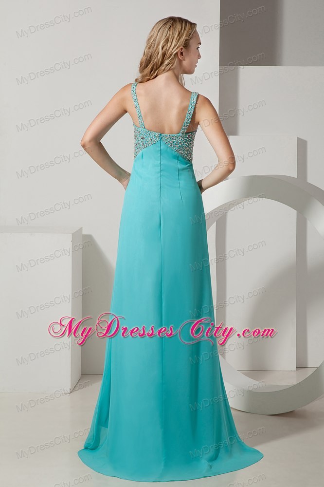 Turquoise Straps Chiffon 2013 Maxi Evening Dresses with Beading