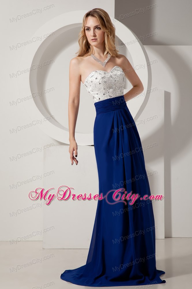 White and Royal Blue Evening Dresses Column Sweetheart with Beading