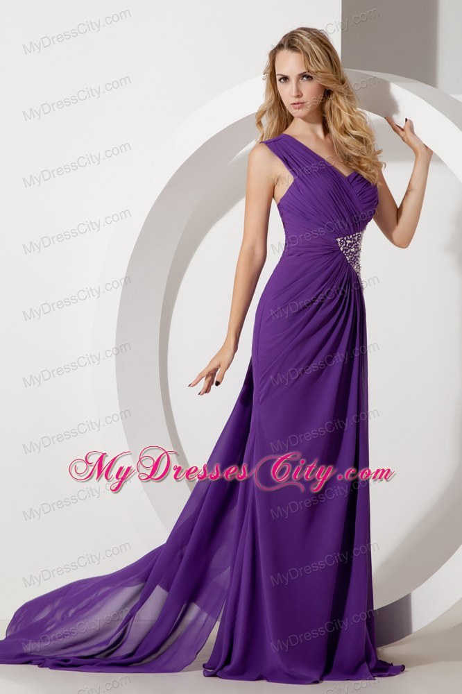 Purple One Shoulder Ruches and Beading Evening Dress Watteau Train