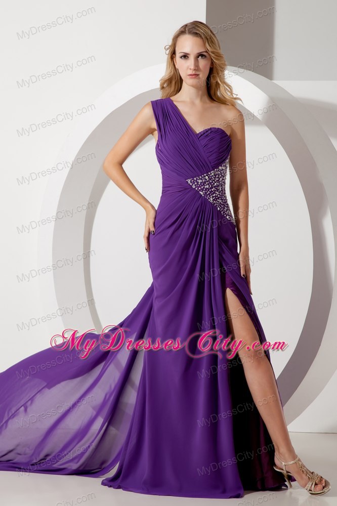 Purple One Shoulder Ruches and Beading Evening Dress Watteau Train