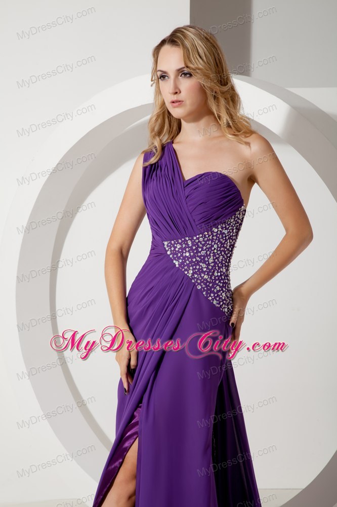 Purple One Shoulder Ruches and Beading Evening Dress Watteau Train