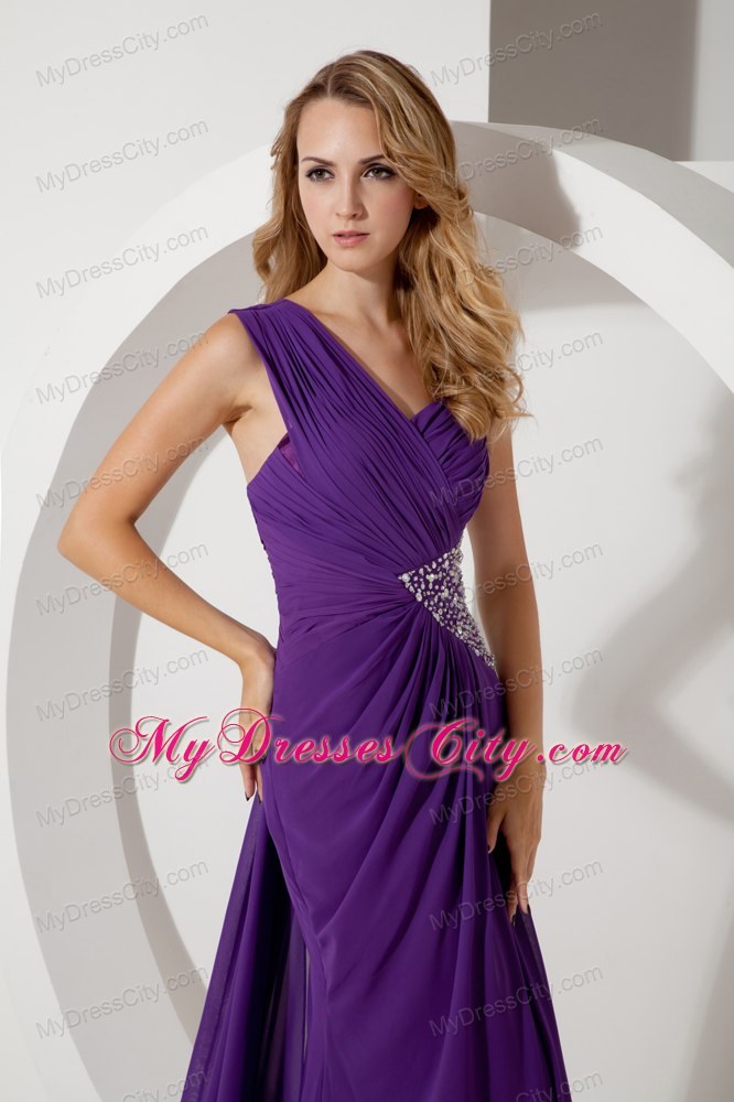 Purple One Shoulder Ruches and Beading Evening Dress Watteau Train