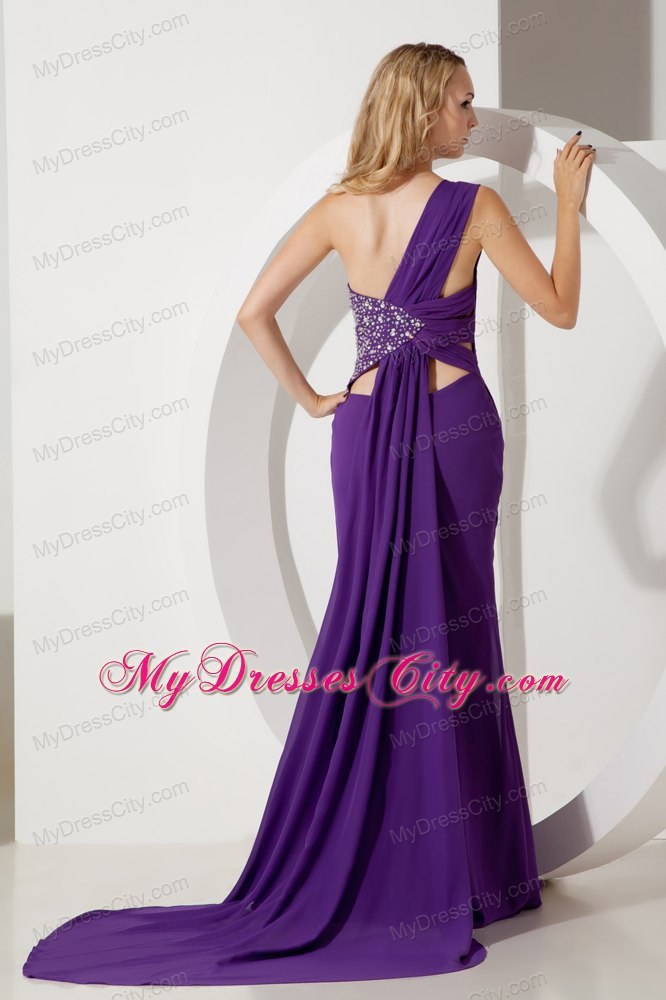 Purple One Shoulder Ruches and Beading Evening Dress Watteau Train