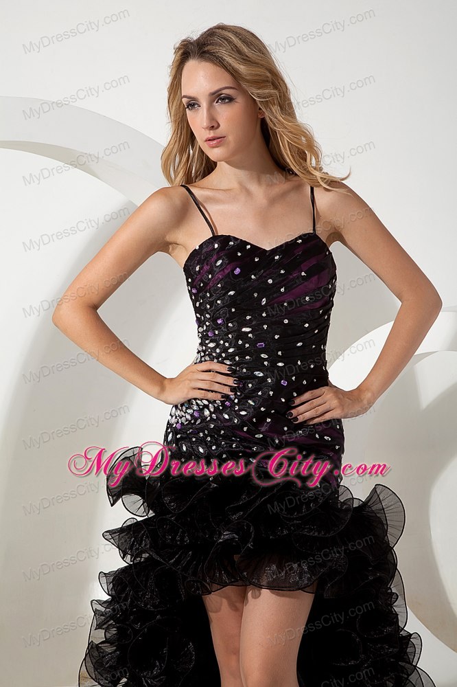 Black Spaghetti Straps High-low Evening Dress with Beading Ruffles