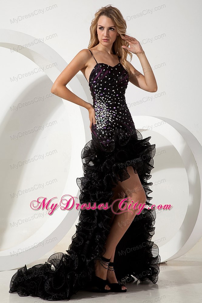 Black Spaghetti Straps High-low Evening Dress with Beading Ruffles