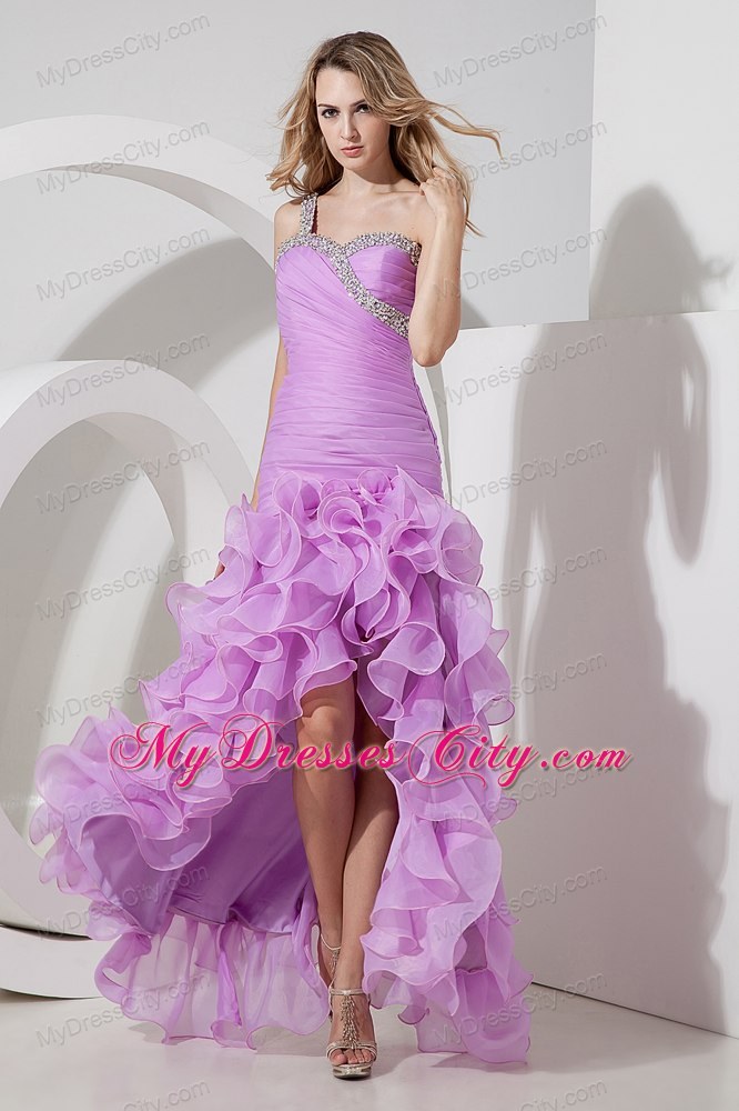 Lavender Beaded One Shoulder Ruffled and Ruches Evening Dress