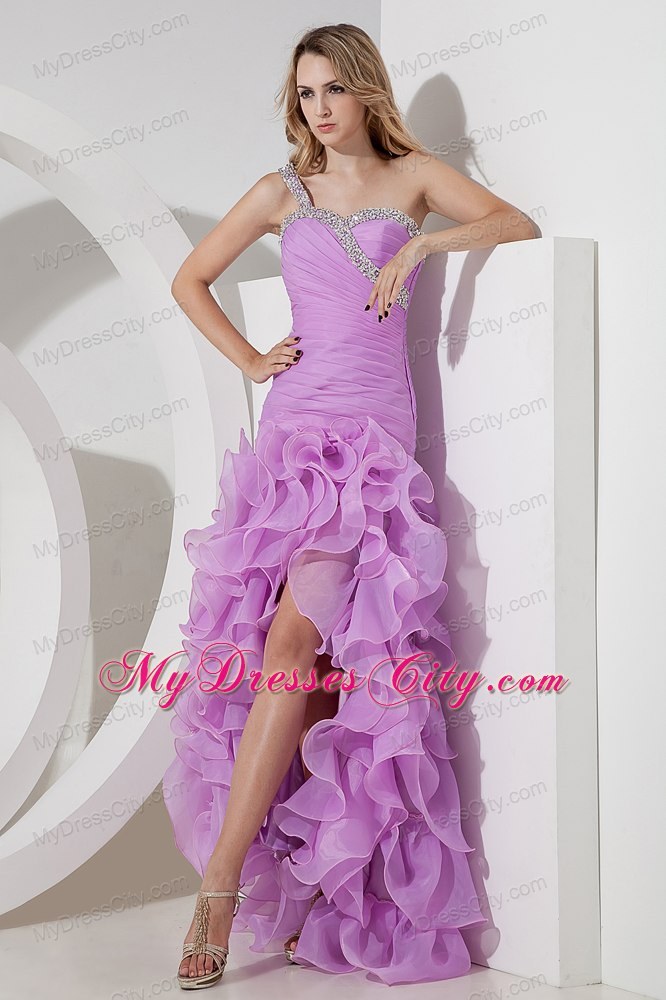 Lavender Beaded One Shoulder Ruffled and Ruches Evening Dress