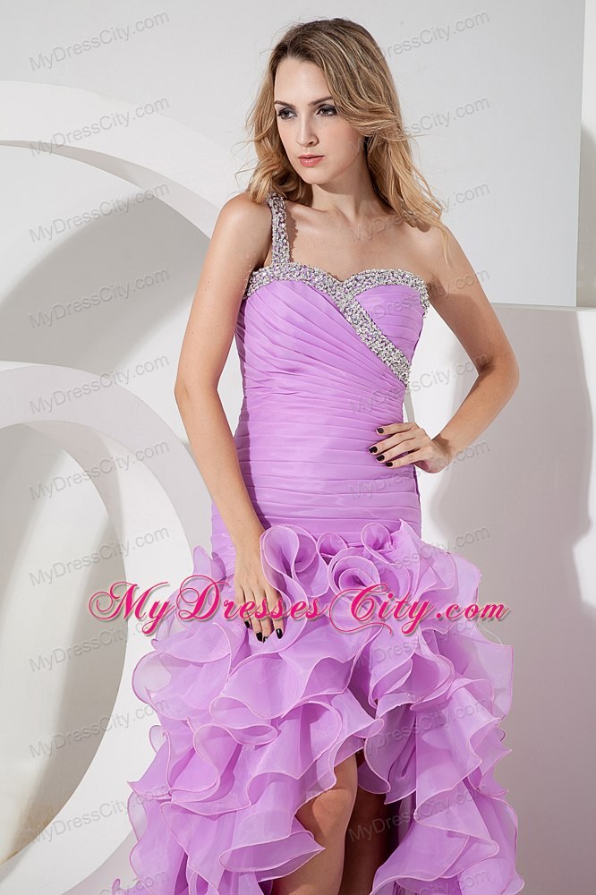 Lavender Beaded One Shoulder Ruffled and Ruches Evening Dress