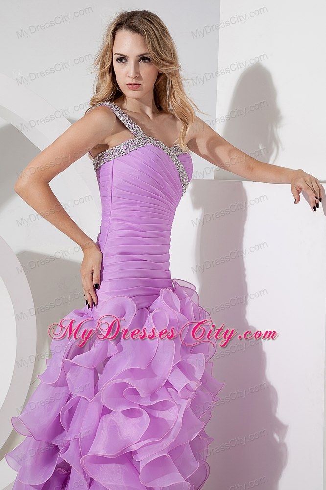 Lavender Beaded One Shoulder Ruffled and Ruches Evening Dress