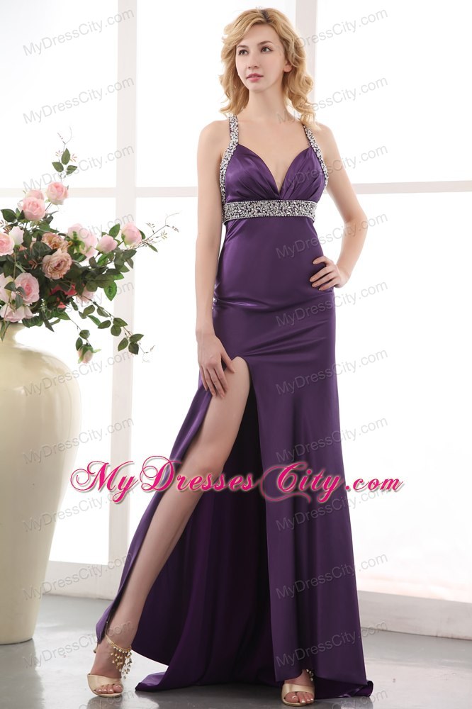 Purple Straps High Slit Evening Dresses for Celebrity with Beading