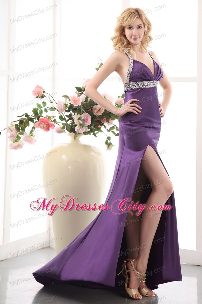 Purple Straps High Slit Evening Dresses for Celebrity with Beading