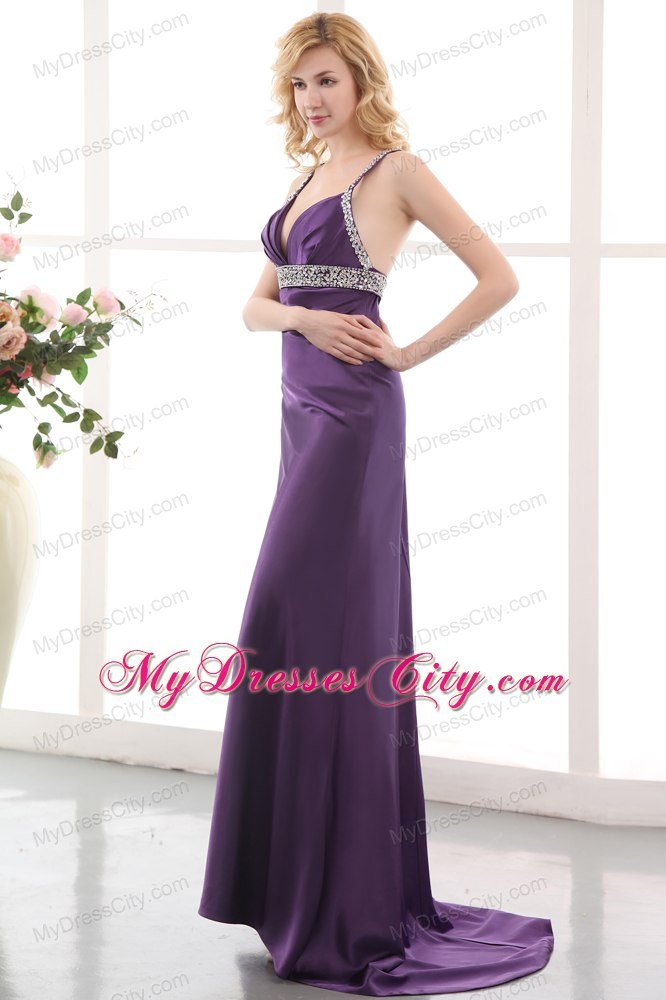 Purple Straps High Slit Evening Dresses for Celebrity with Beading