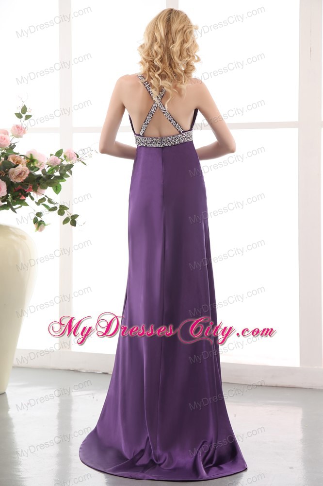 Purple Straps High Slit Evening Dresses for Celebrity with Beading