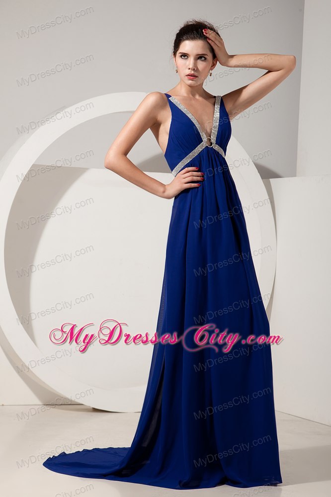 Beautiful Peacock Blue V-neck Evening Formal Gowns with Beading