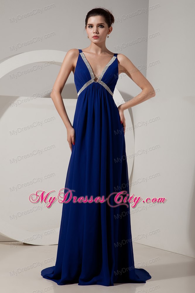 Beautiful Peacock Blue V-neck Evening Formal Gowns with Beading