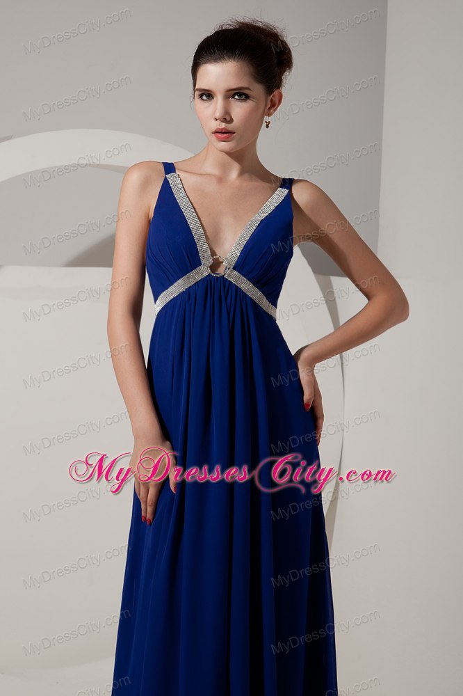 Beautiful Peacock Blue V-neck Evening Formal Gowns with Beading