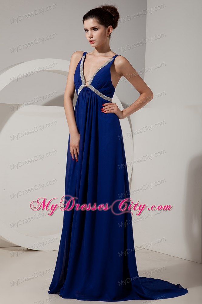 Beautiful Peacock Blue V-neck Evening Formal Gowns with Beading