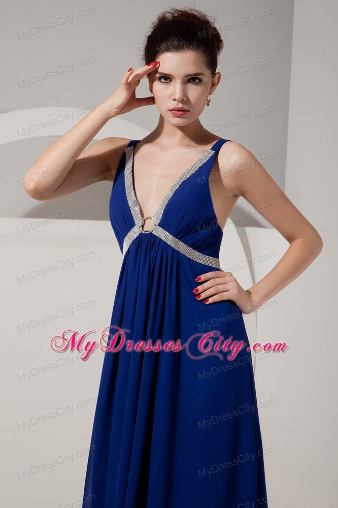 Beautiful Peacock Blue V-neck Evening Formal Gowns with Beading