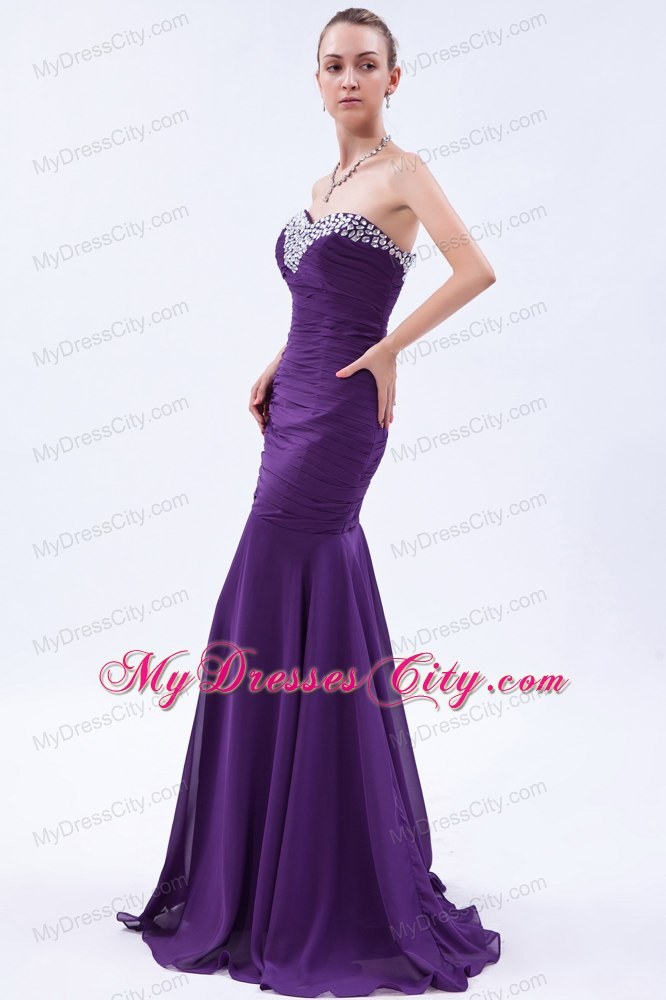 Purple Trumpet Sweetheart Evening Dress with Beading and Ruches