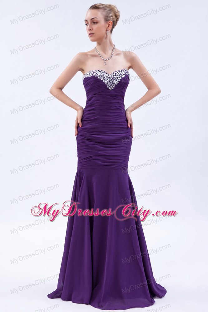 Purple Trumpet Sweetheart Evening Dress with Beading and Ruches