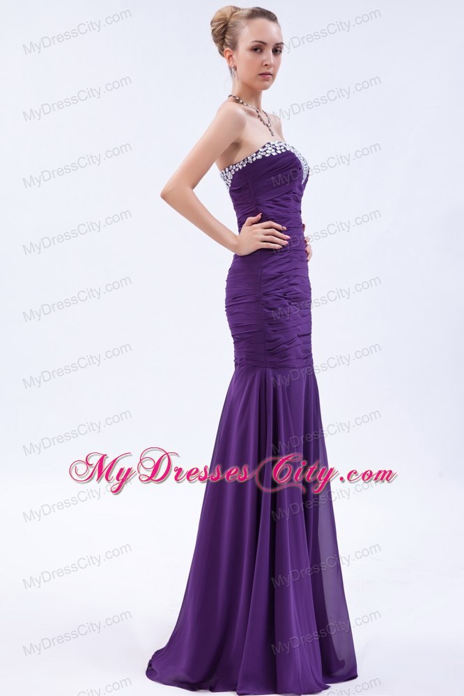 Purple Trumpet Sweetheart Evening Dress with Beading and Ruches