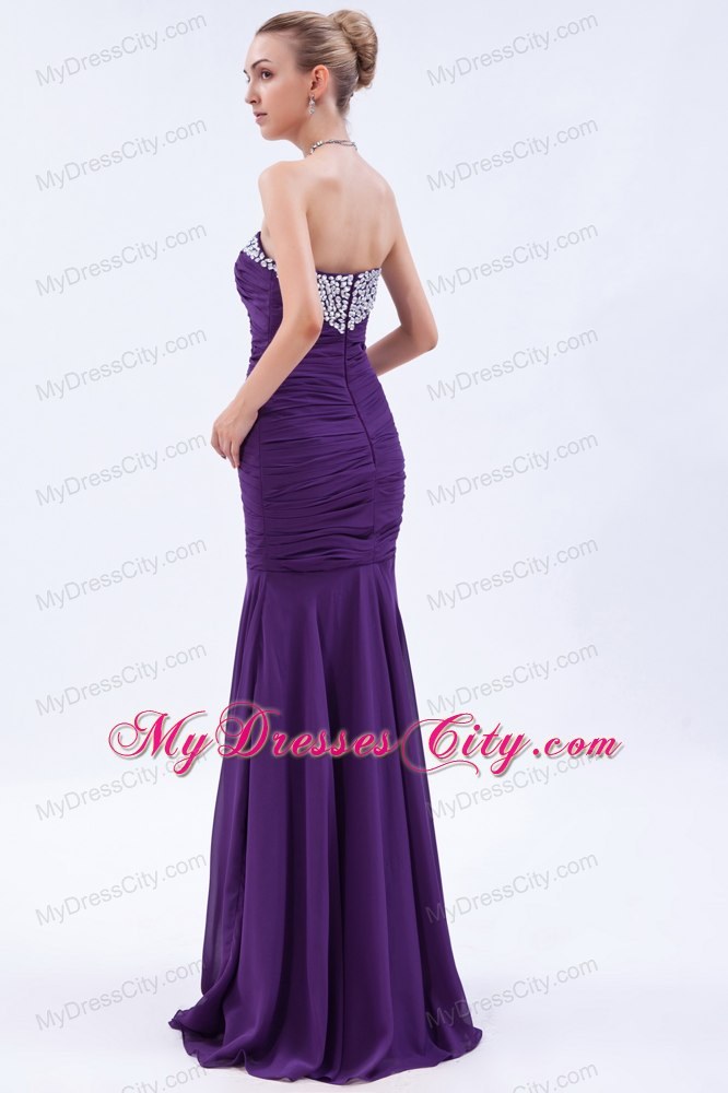 Purple Trumpet Sweetheart Evening Dress with Beading and Ruches