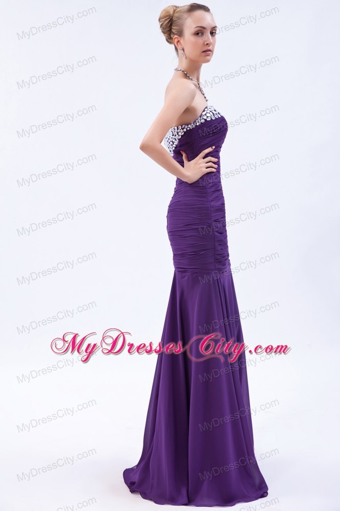 Purple Trumpet Sweetheart Evening Dress with Beading and Ruches