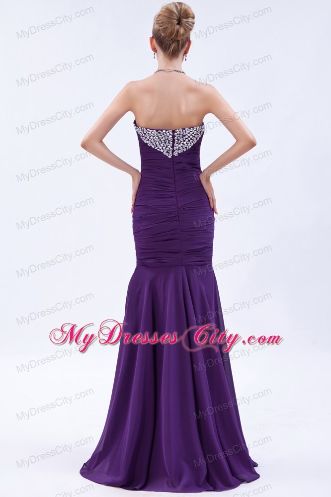 Purple Trumpet Sweetheart Evening Dress with Beading and Ruches