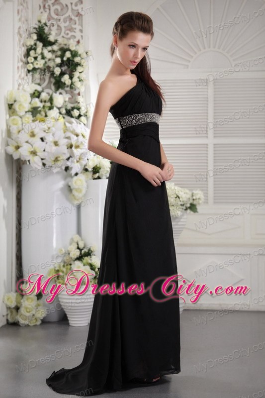 Black One Shoulder Maxi Evening Dresses with Ruches and Beading