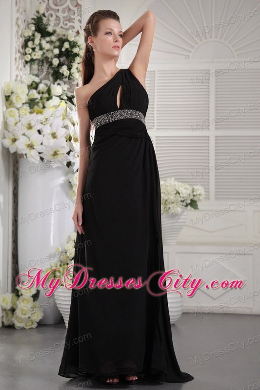 Black One Shoulder Maxi Evening Dresses with Ruches and Beading