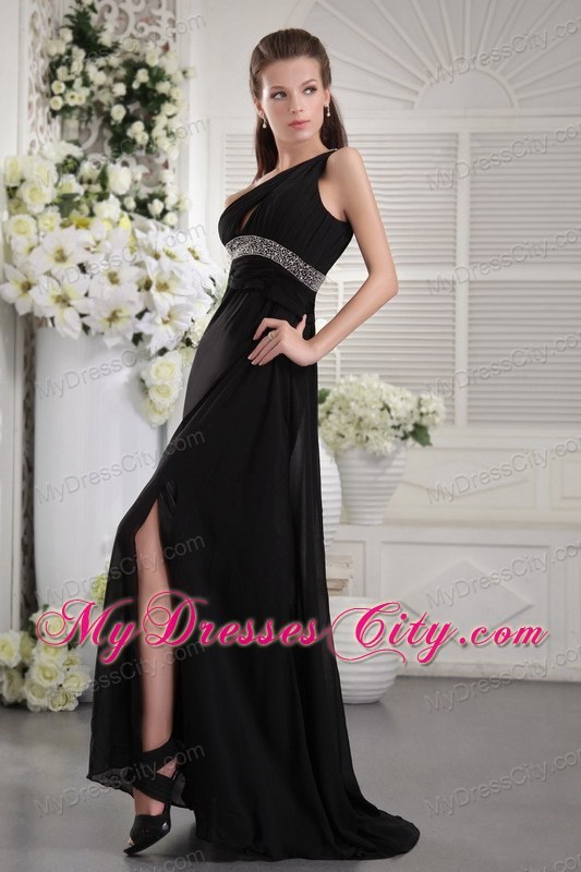 Black One Shoulder Maxi Evening Dresses with Ruches and Beading