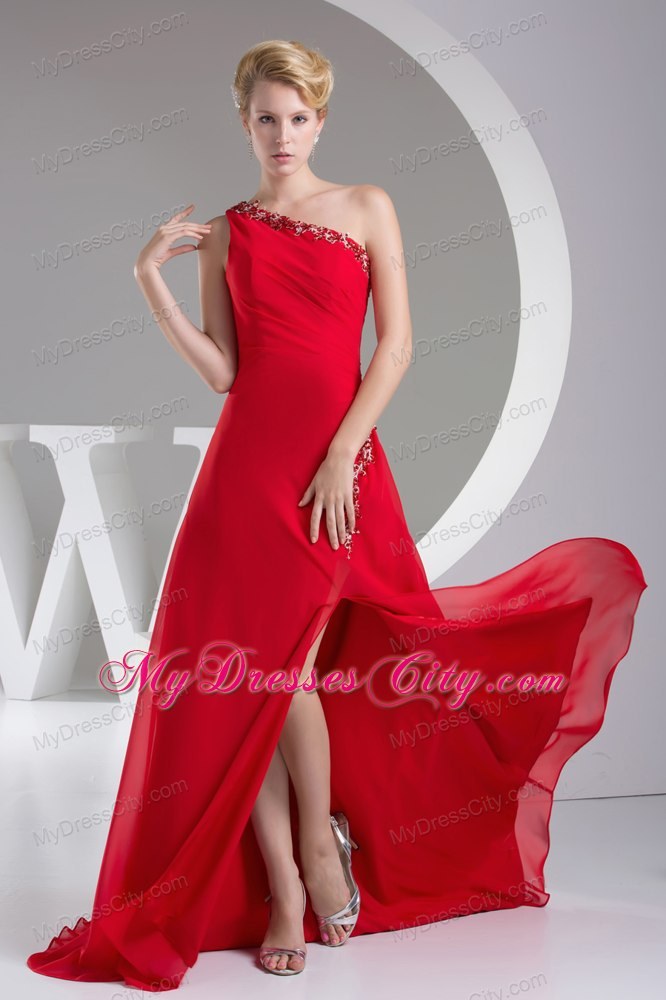 One Shoulder Red Beading High Slit Prom Evening Dress for 2013