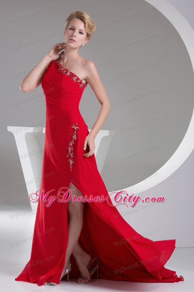 One Shoulder Red Beading High Slit Prom Evening Dress for 2013