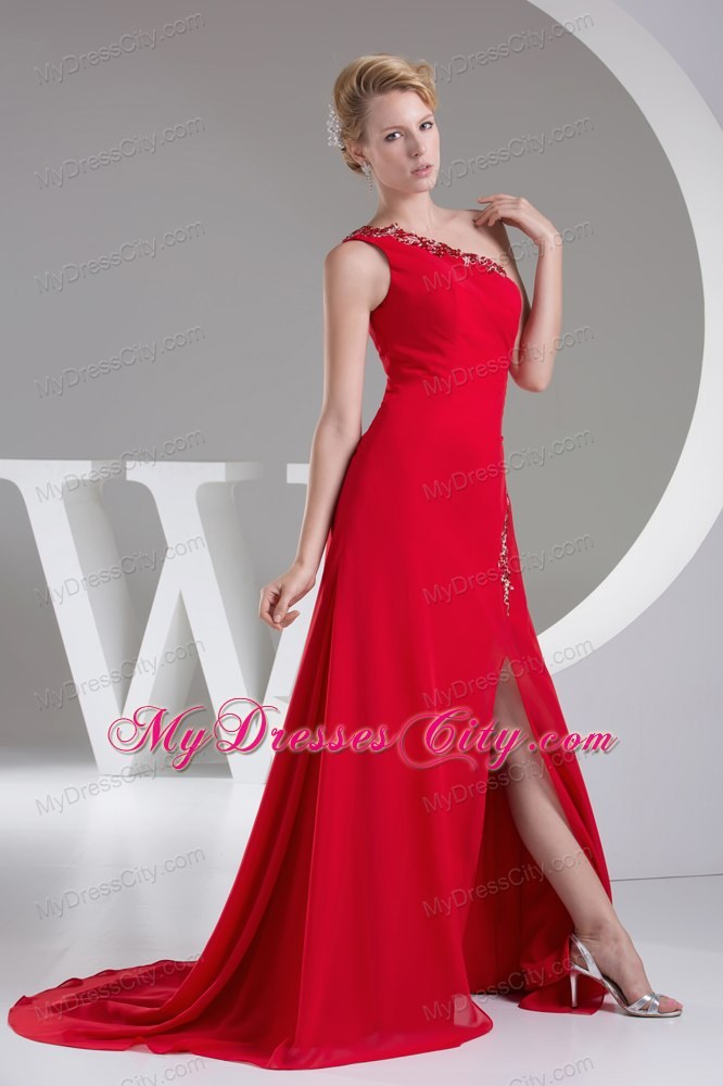 One Shoulder Red Beading High Slit Prom Evening Dress for 2013