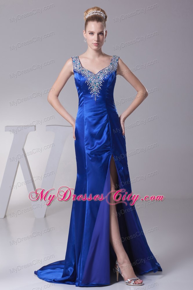 Blue V-neck Beading High Slit Long 2013 Evening Dresses for Celebrity