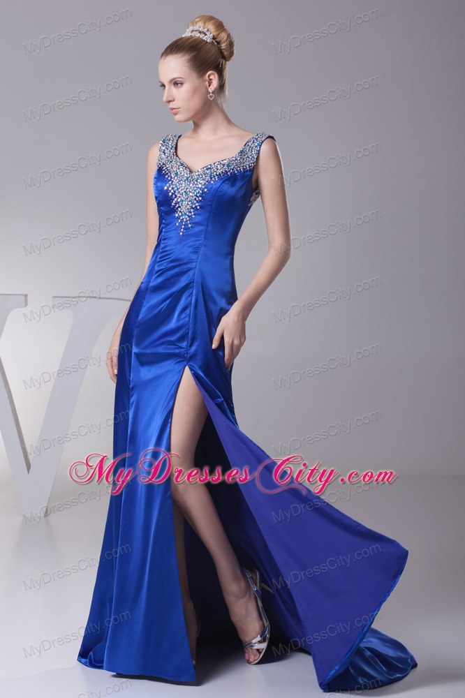 Blue V-neck Beading High Slit Long 2013 Evening Dresses for Celebrity