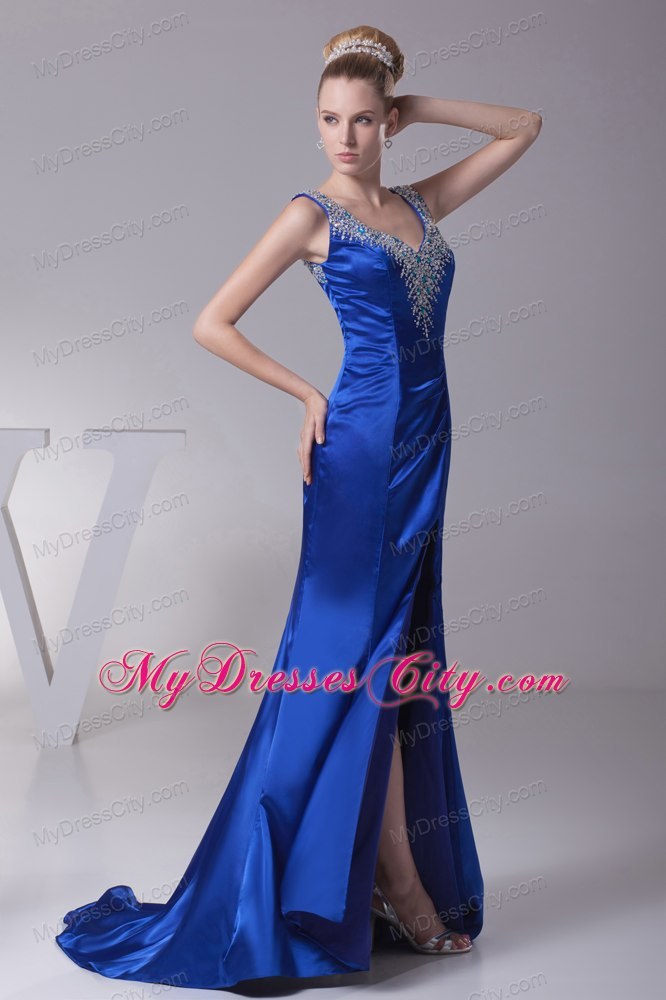 Blue V-neck Beading High Slit Long 2013 Evening Dresses for Celebrity