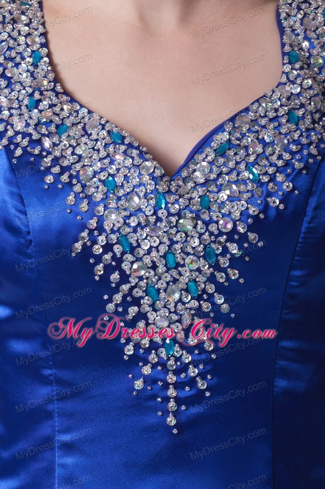 Blue V-neck Beading High Slit Long 2013 Evening Dresses for Celebrity