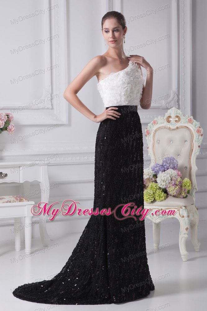 One Shoulder Rolling Flower Mermaid Black and White Evening Dresses