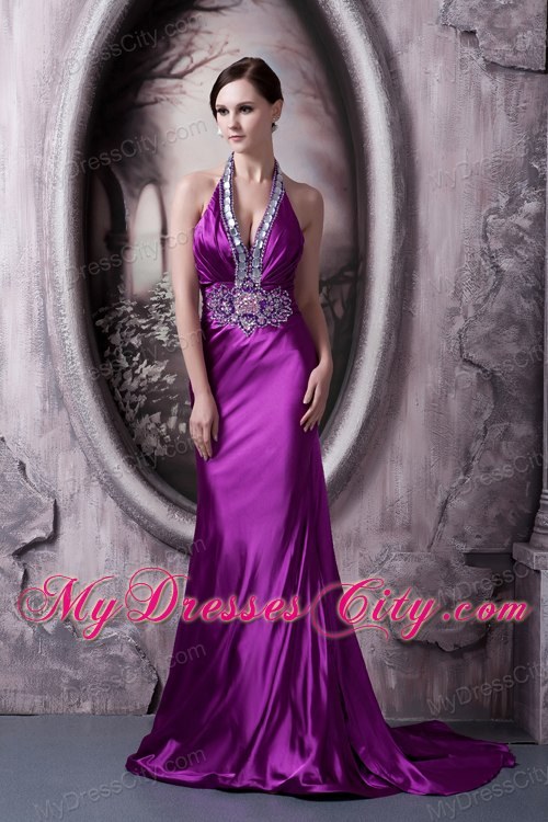 Eggplant Purple Halter Evening Dress Column with Beading 2013