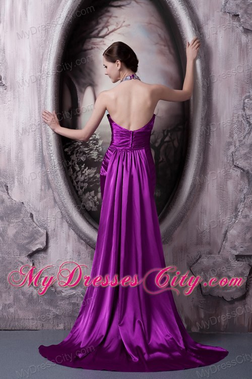 Eggplant Purple Halter Evening Dress Column with Beading 2013