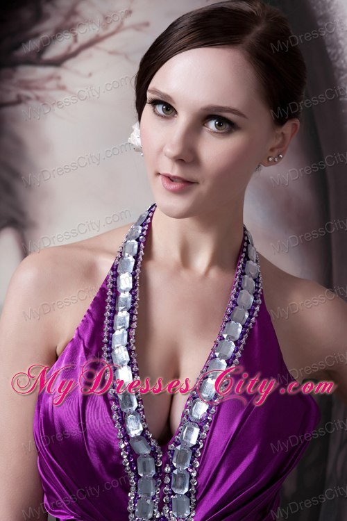 Eggplant Purple Halter Evening Dress Column with Beading 2013