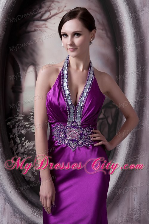 Eggplant Purple Halter Evening Dress Column with Beading 2013