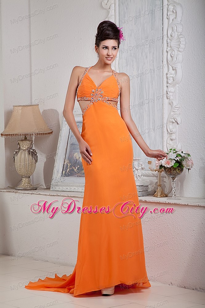 Sexy Orange Red Column Halter Evening Dress with Side Cut Out