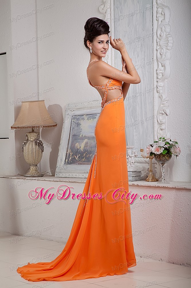 Sexy Orange Red Column Halter Evening Dress with Side Cut Out