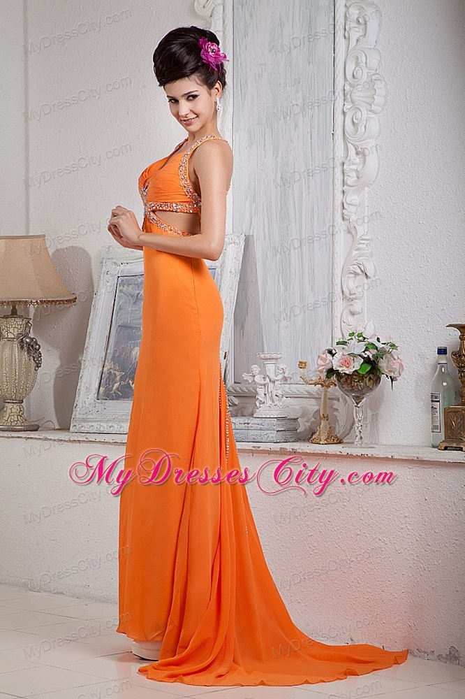 Sexy Orange Red Column Halter Evening Dress with Side Cut Out